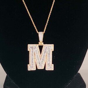2.50Ct Round & Baguette Moissanite "M" Initial Pendant, 14K Gold Plated Silver